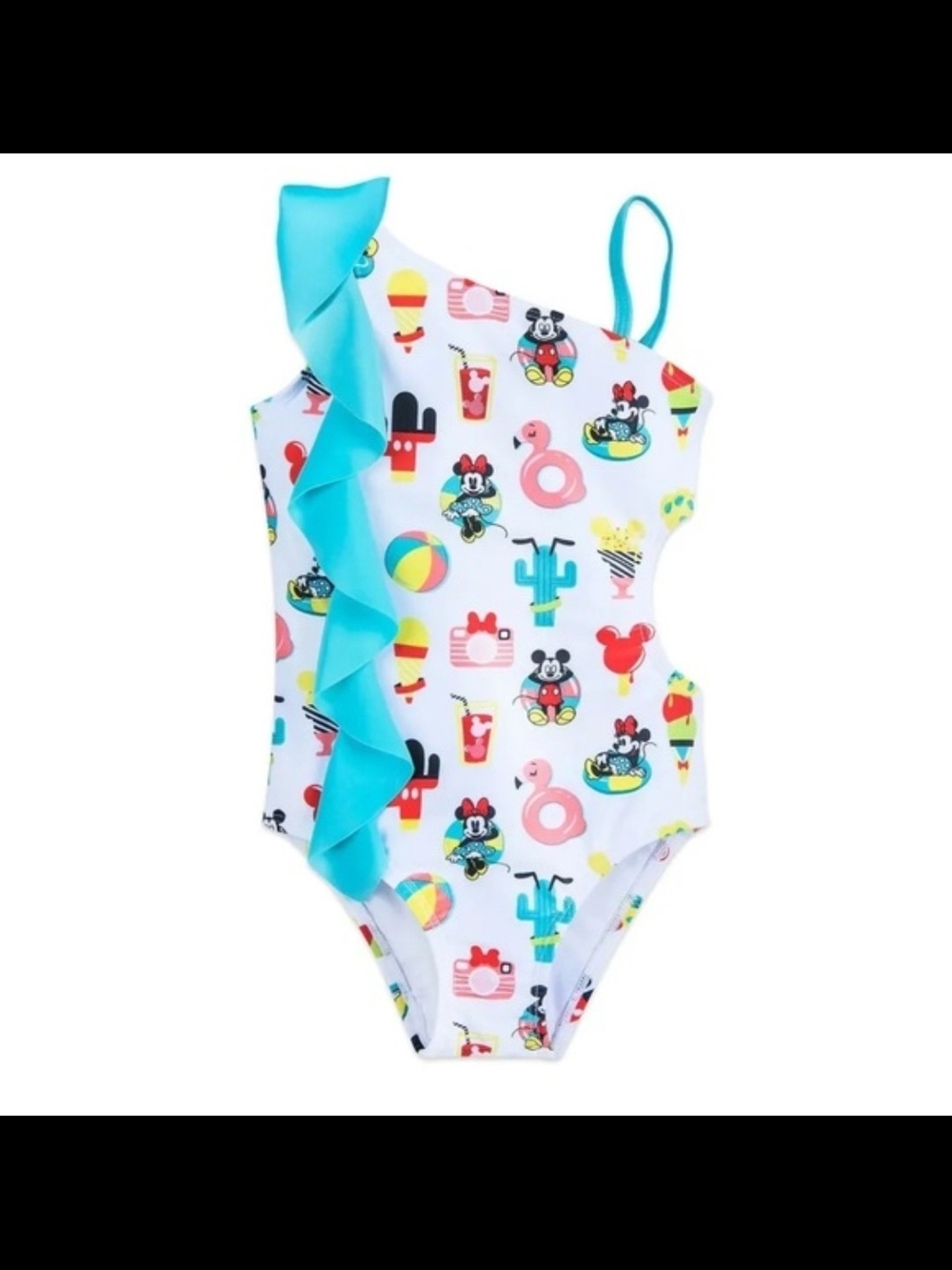 Disney Girls' Minnie Mouse One-Shoulder Ruffle Swimsuit Size 7/8